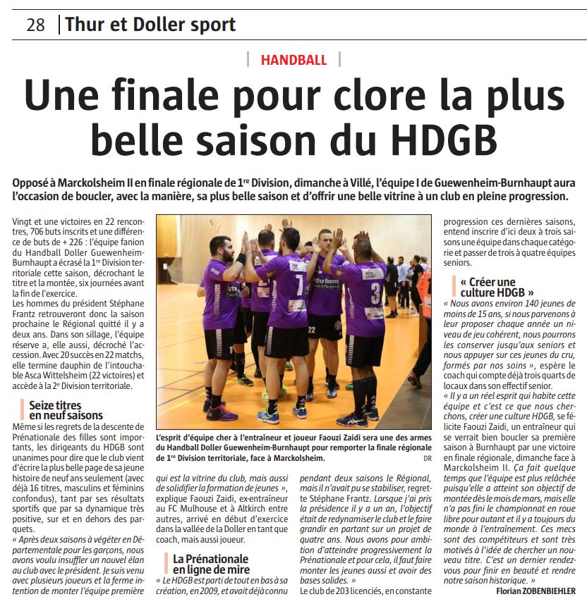 Une finale pour clore la plus belle saison du HDGB